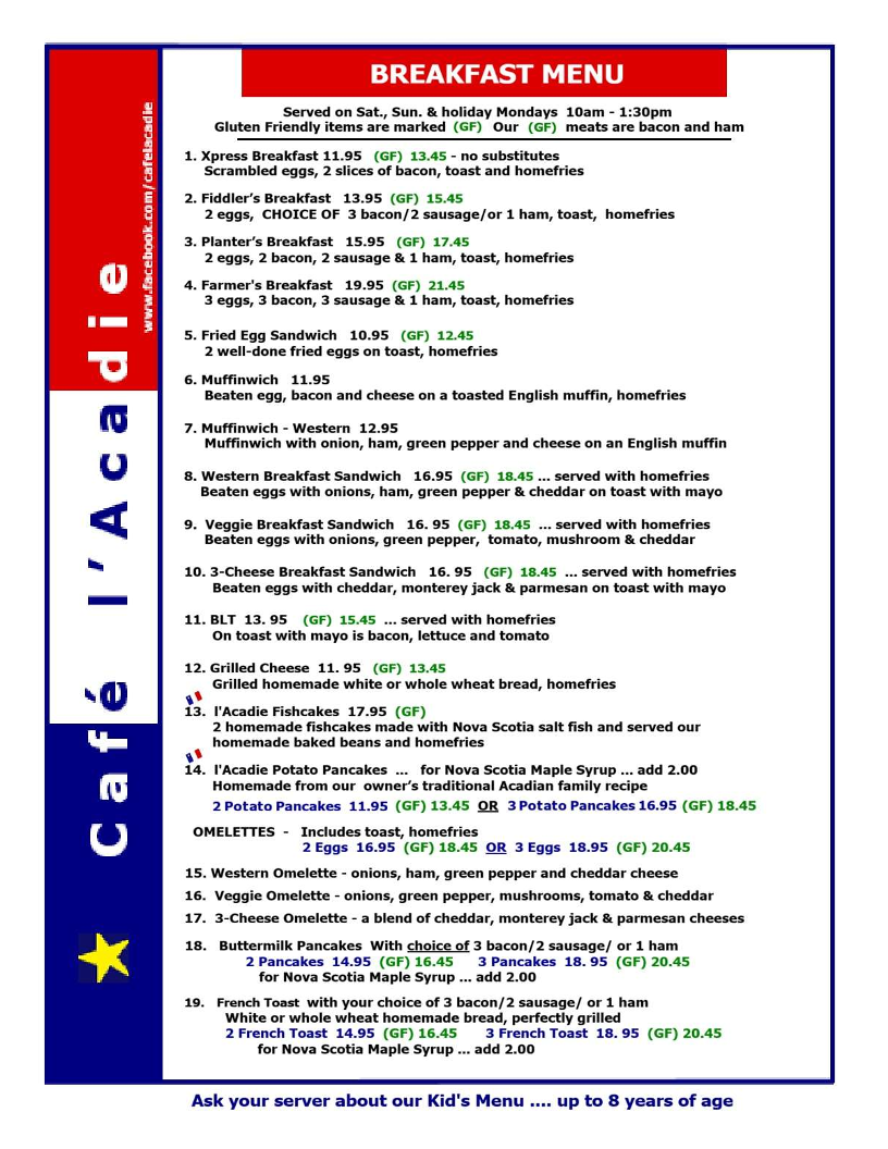 Menu, Café l'Acadie