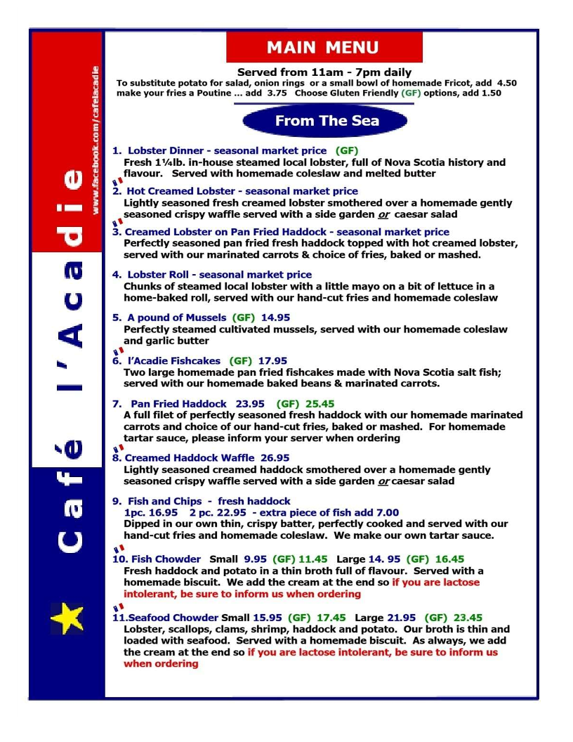 Menu, Café l'Acadie