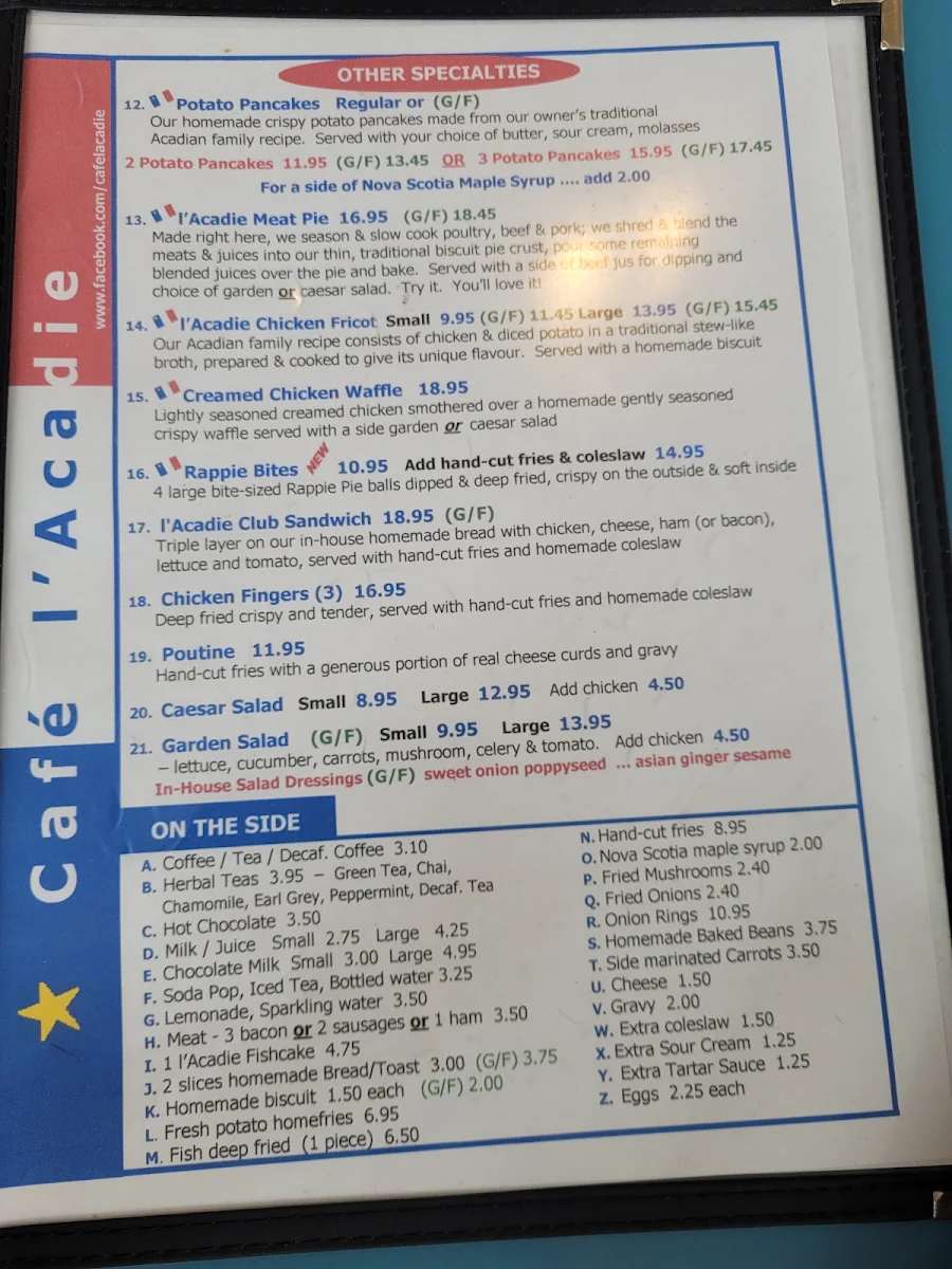 Menu, Café l'Acadie