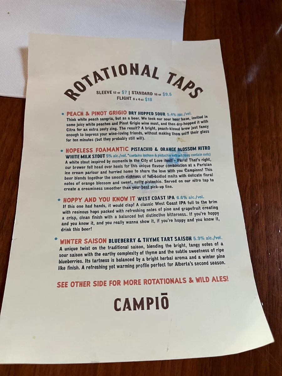 Menu, Campio Brewing Co.