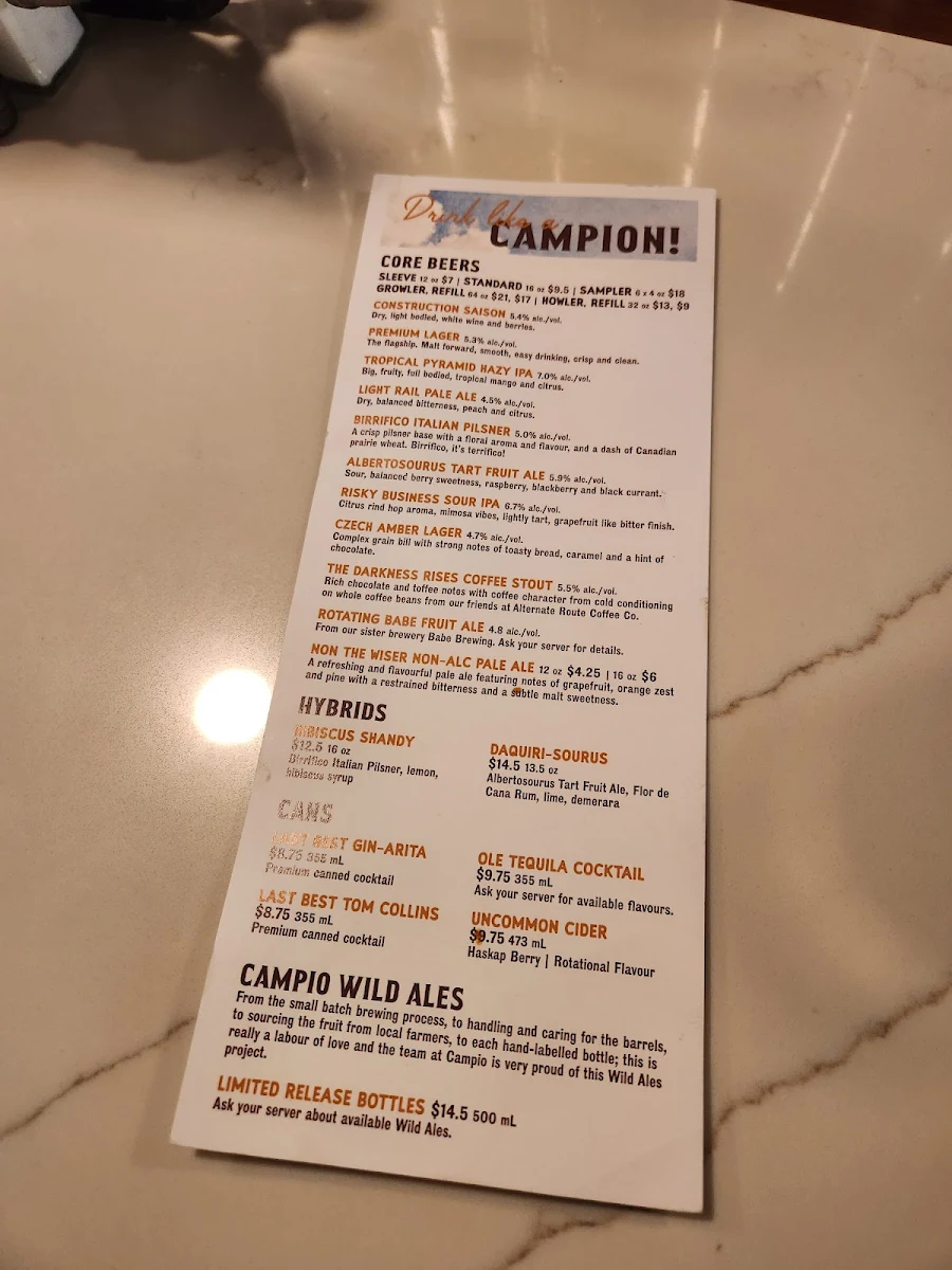Menu, Campio Brewing Co.