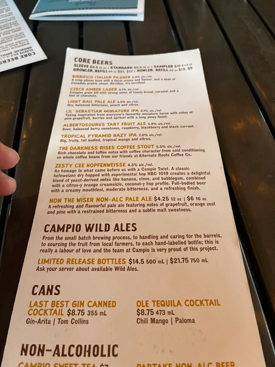 Menu, Campio Brewing Co.