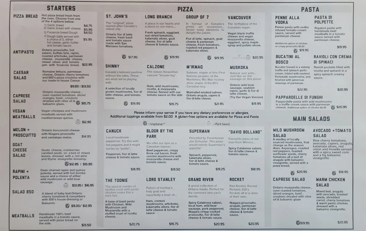 Menu, 850 Degrees