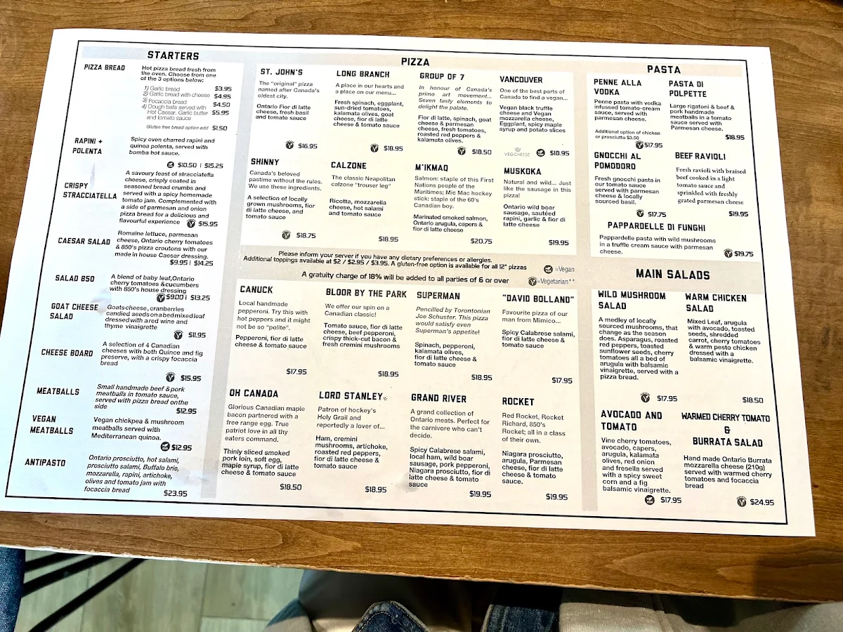 Menu, 850 Degrees