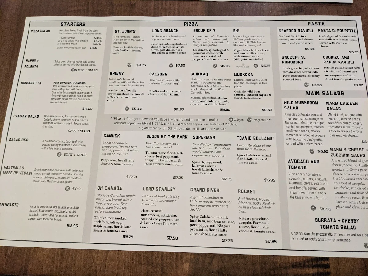 Menu, 850 Degrees