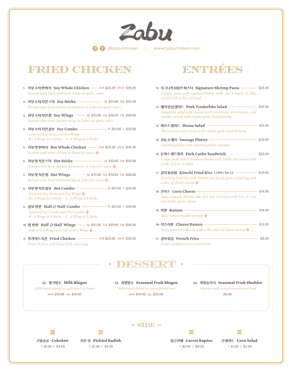Menu, Zabu Chicken