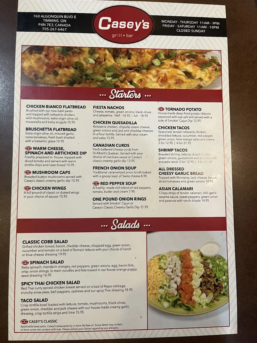 Menu, Casey’s Grill Bar