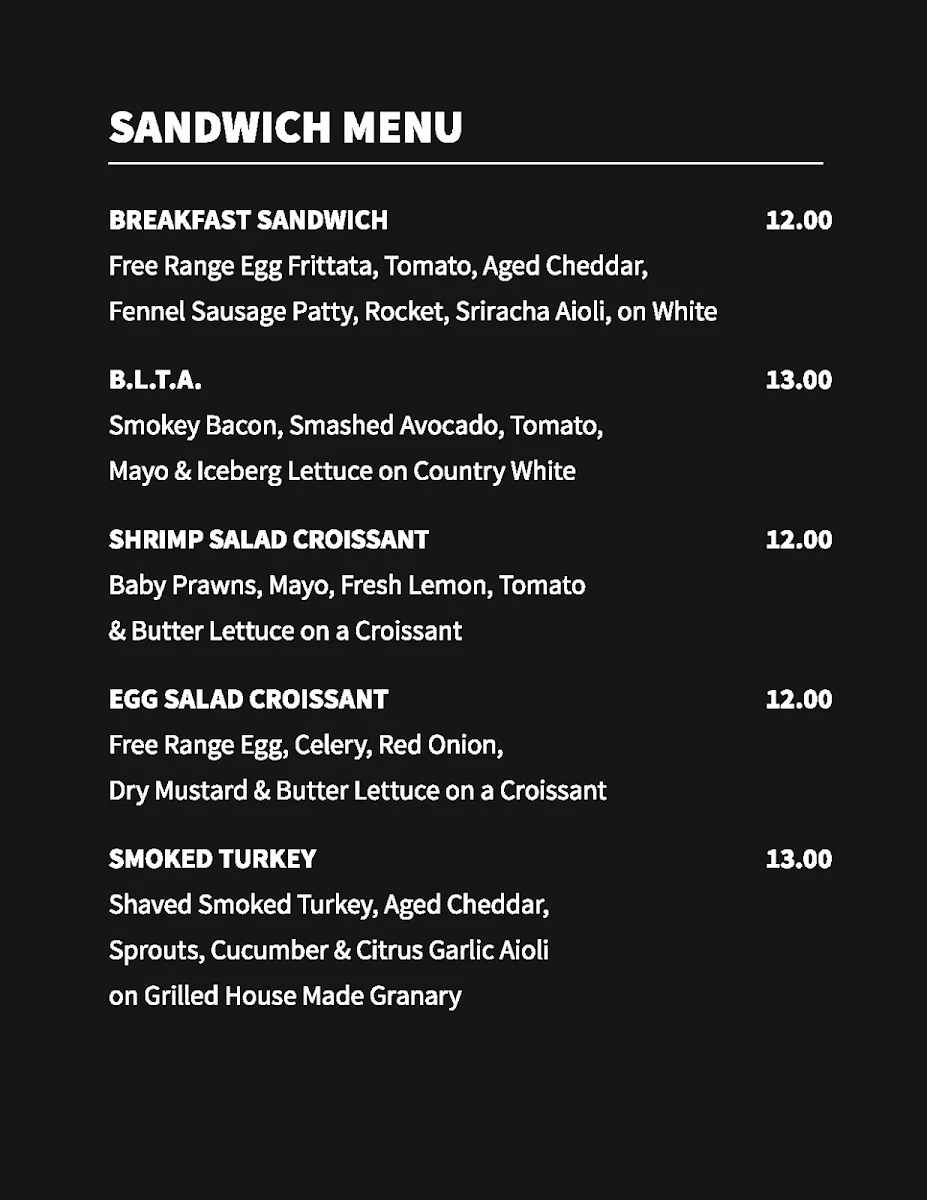 Menu, Blacksmith Bakery at Langley Airport