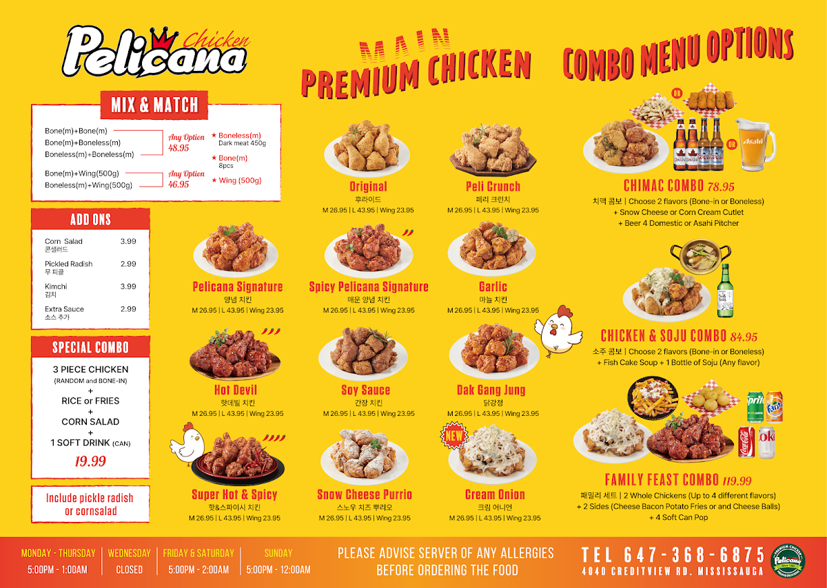 Menu, PELICANA MISSISSAUGA