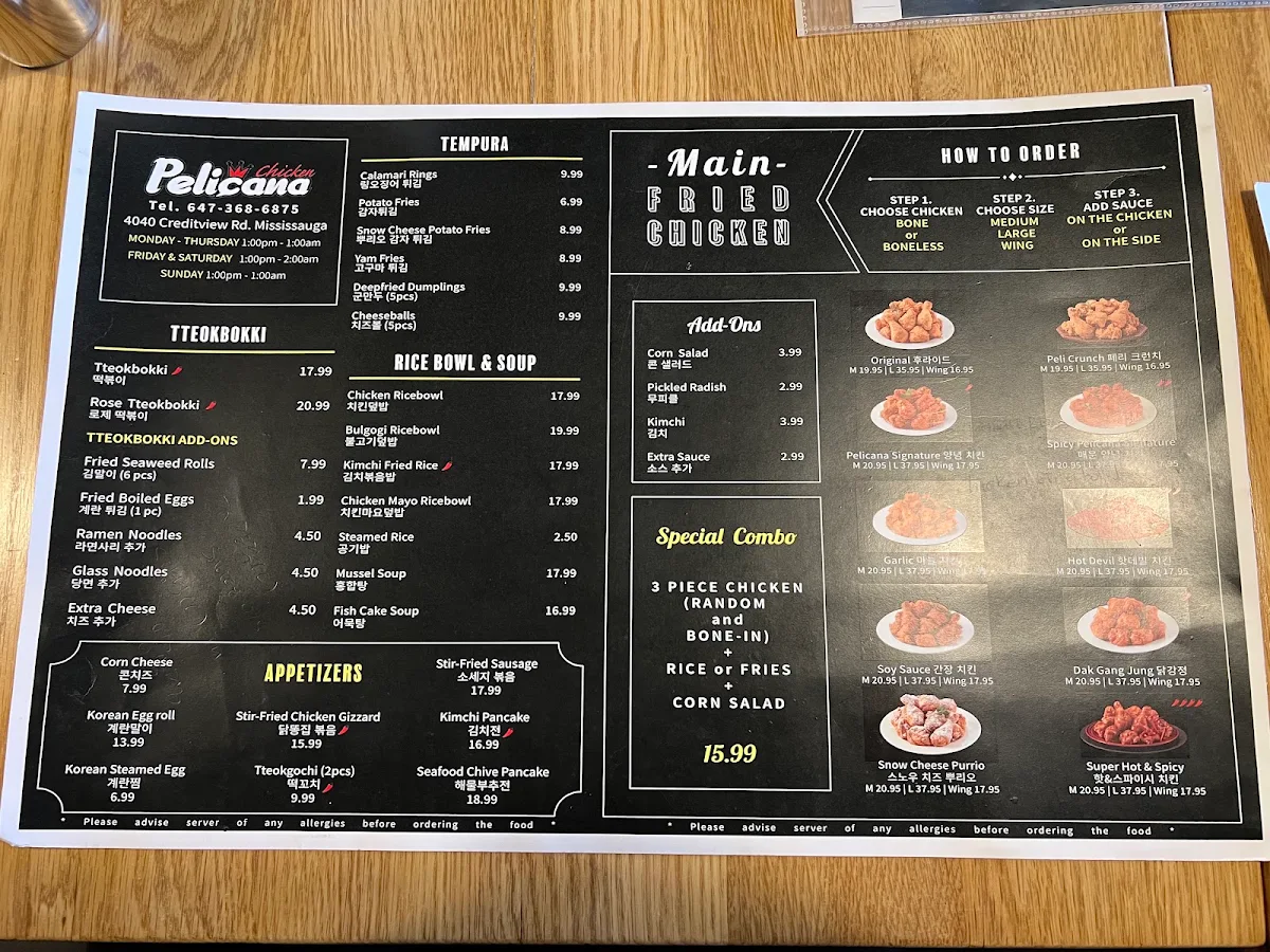 Menu, PELICANA MISSISSAUGA