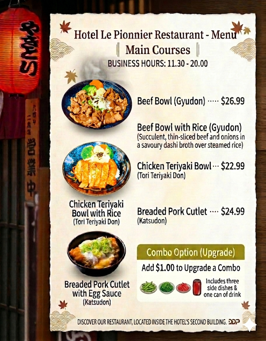 Menu, Hôtel le Pionnier Restaurant