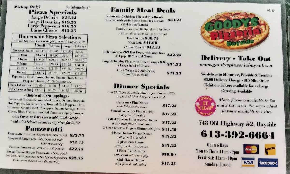 Menu, Goodys Pizzeria Bayside