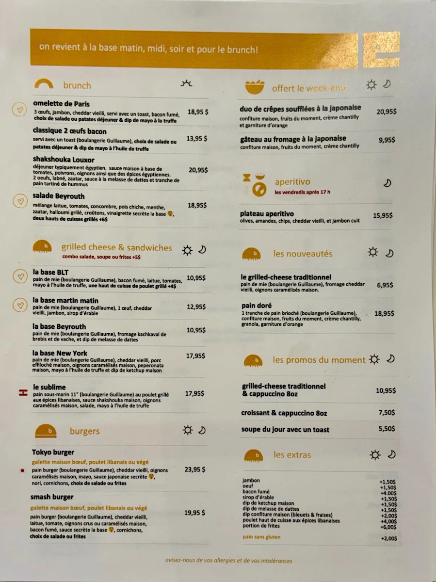 Menu, La Base Café Buvette