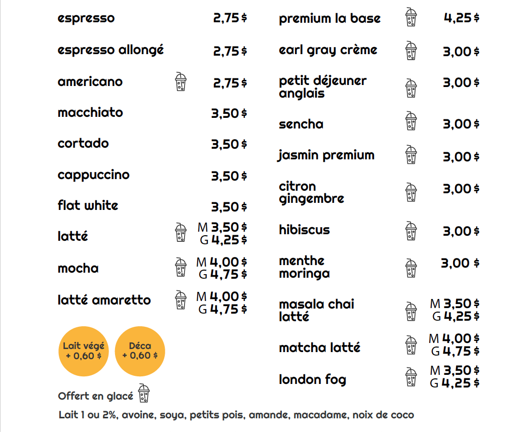 Menu, La Base Café Buvette