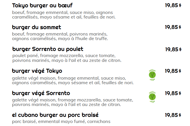 Menu, La Base Café Buvette