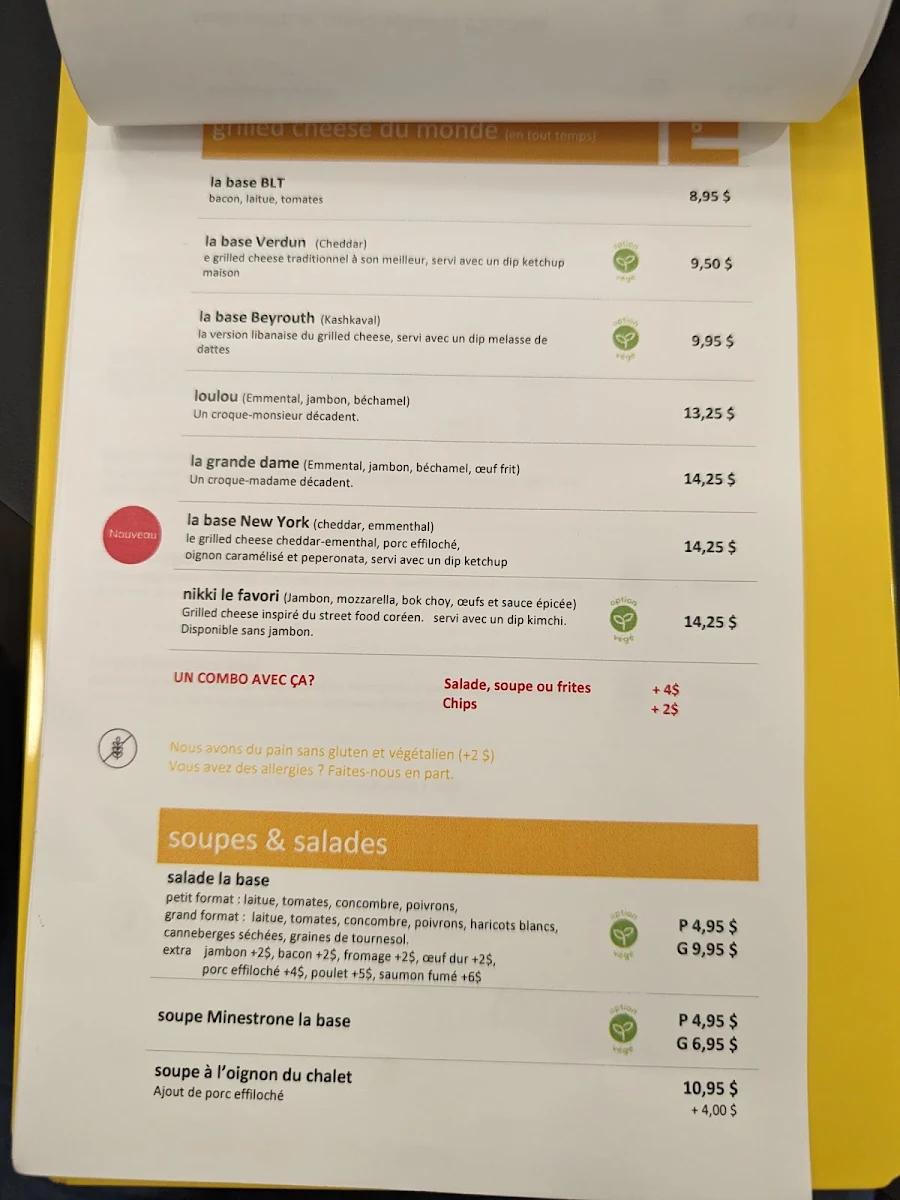 Menu, La Base Café Buvette