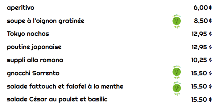 Menu, La Base Café Buvette
