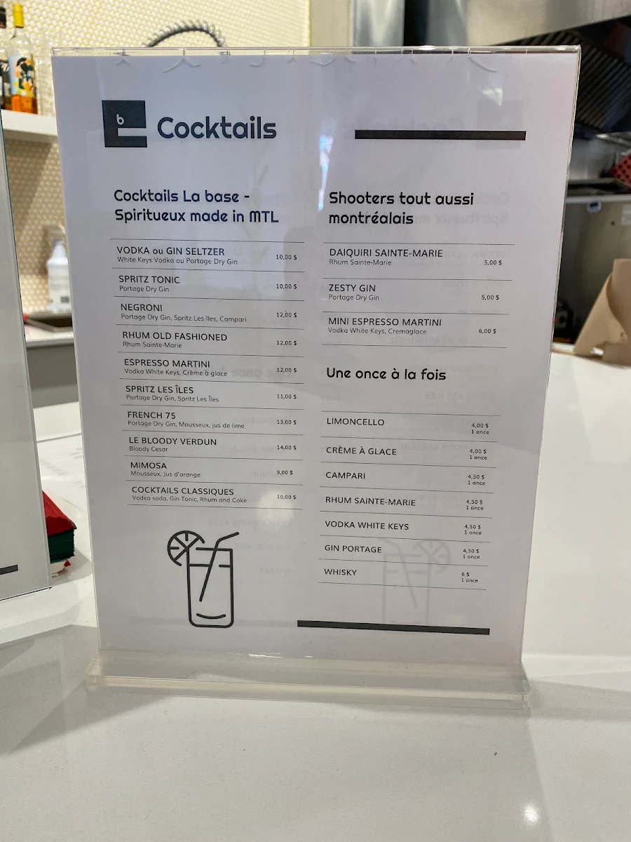 Menu, La Base Café Buvette