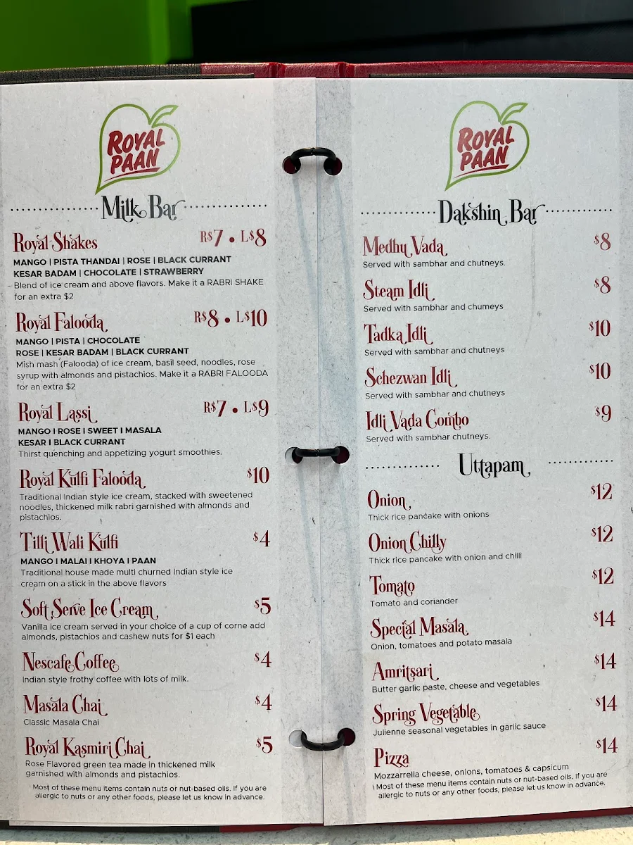 Menu, Royal Paan