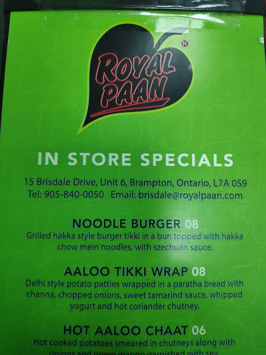 Menu, Royal Paan