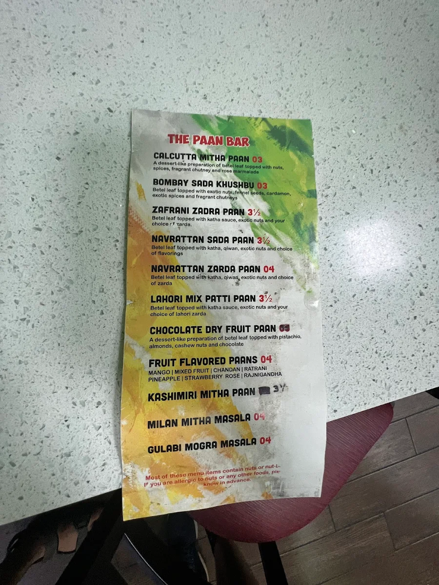 Menu, Royal Paan