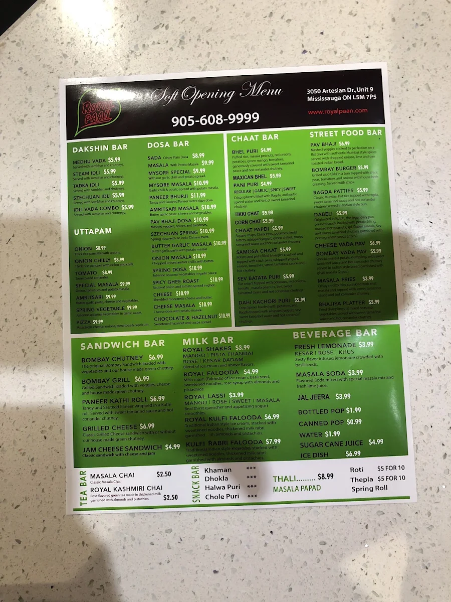 Menu, Royal Paan