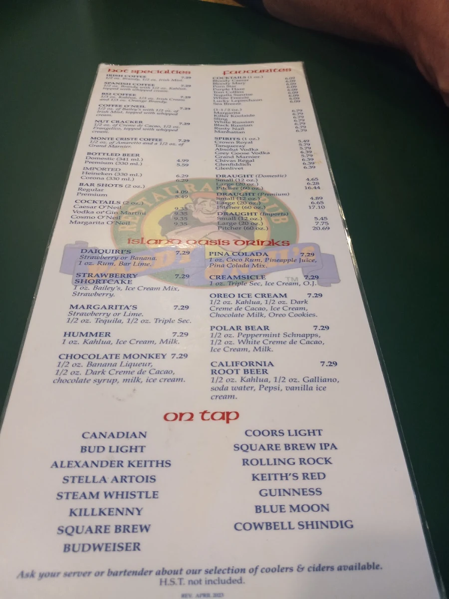 Menu, Paddy O'Neils Restaurant Pub