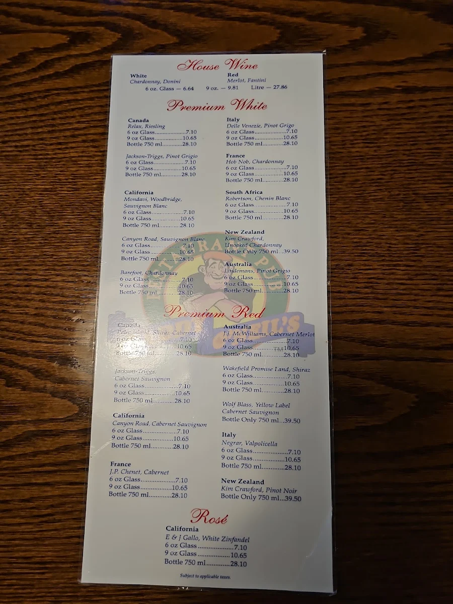 Menu, Paddy O'Neils Restaurant Pub