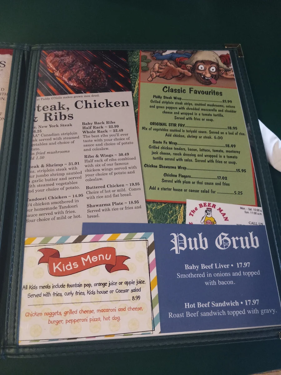Menu, Paddy O'Neils Restaurant Pub