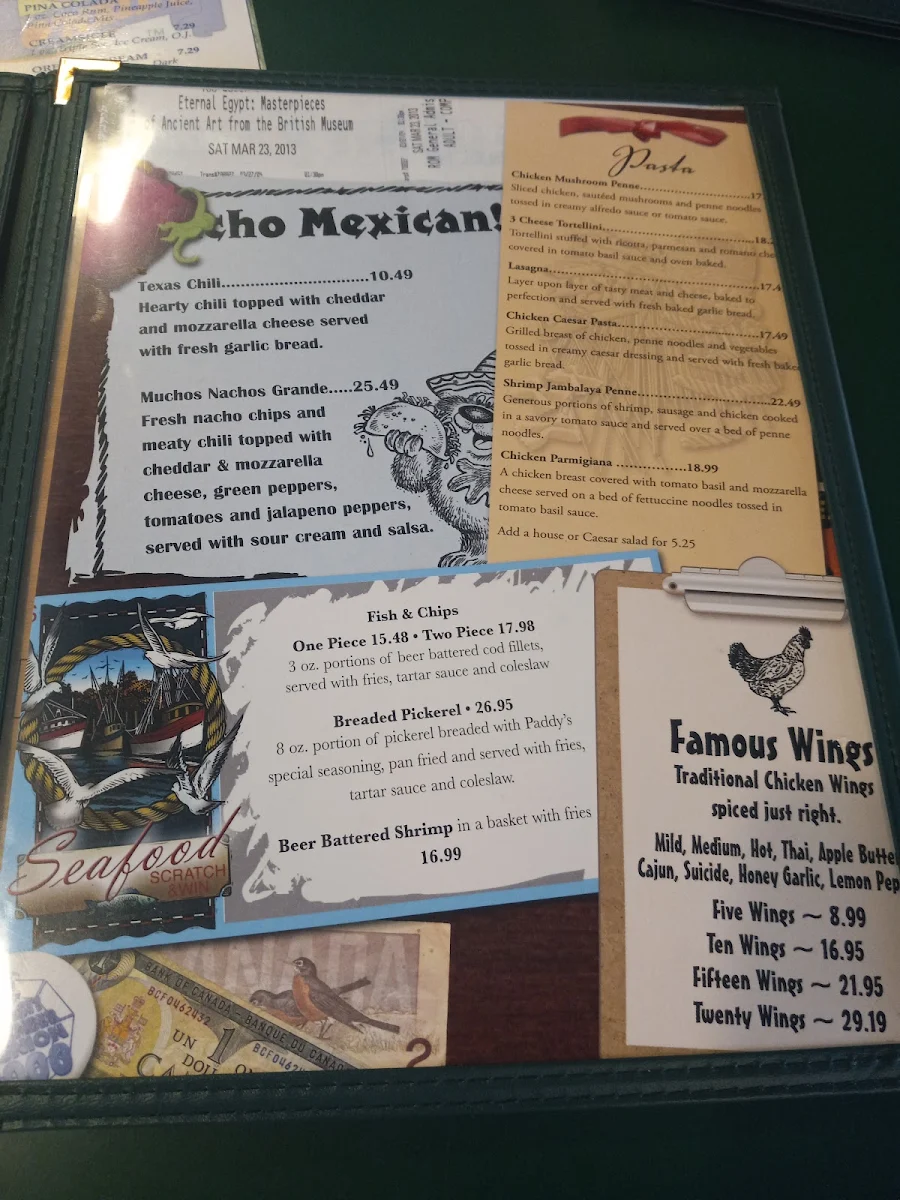 Menu, Paddy O'Neils Restaurant Pub