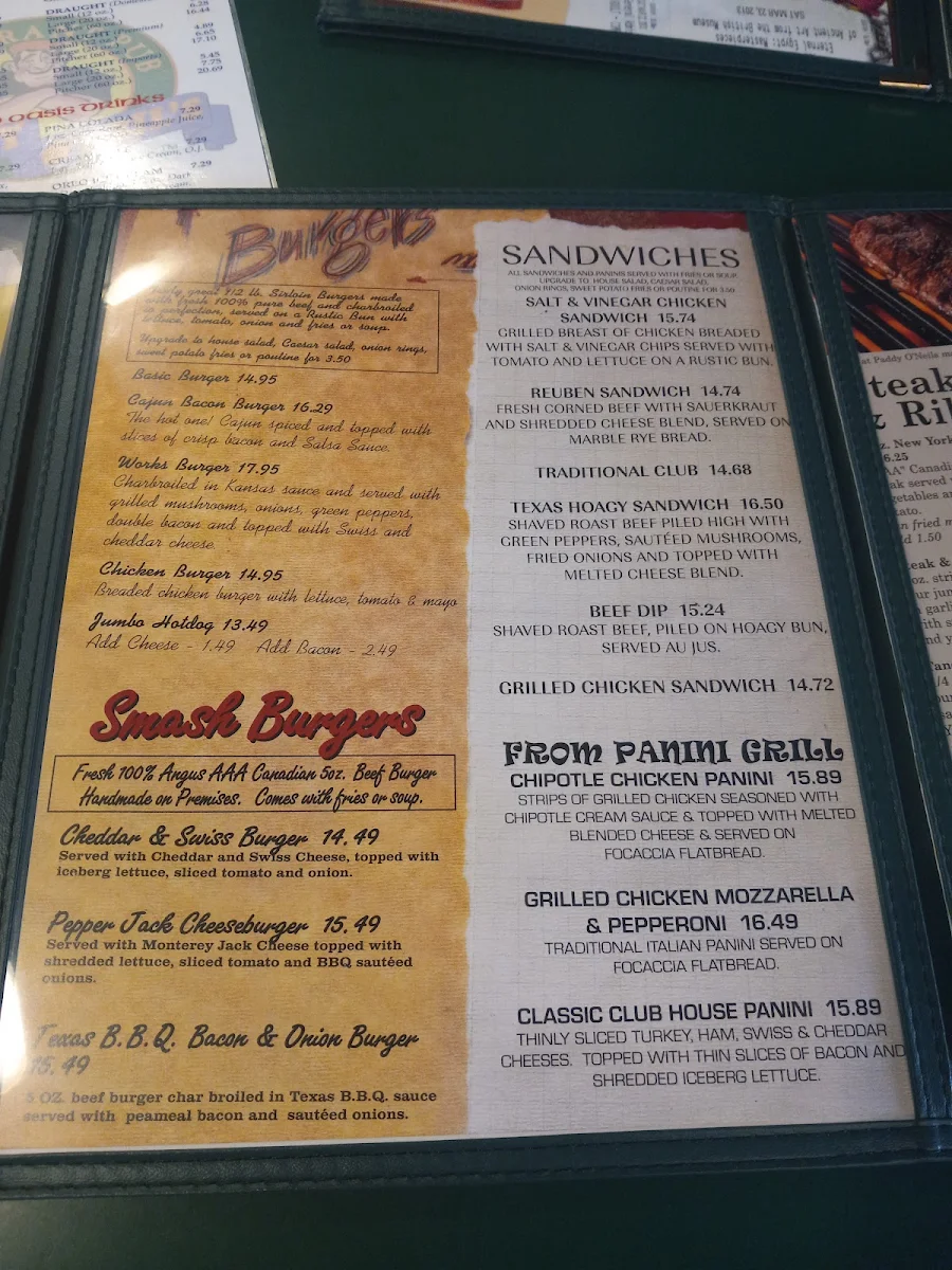 Menu, Paddy O'Neils Restaurant Pub