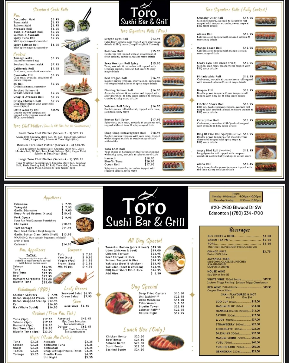 Menu, Toro sushi bar&grill