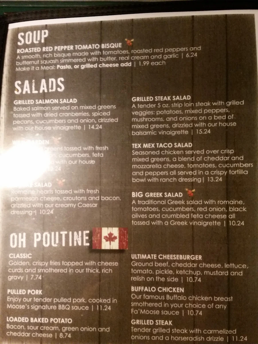 Menu, Moose's Cookhouse