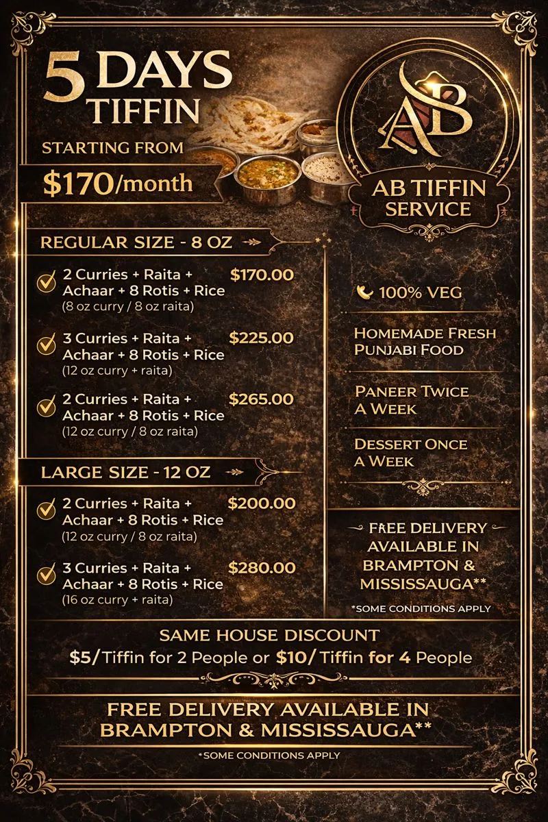 Menu, AB Foods and Catering - Tiffin Service Brampton | Event Catering
