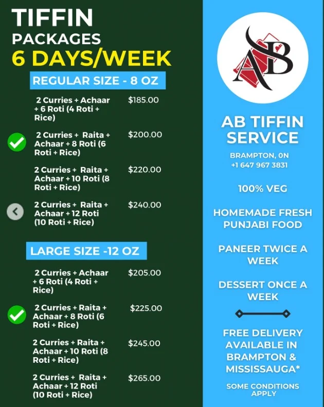 Menu, AB Foods and Catering - Tiffin Service Brampton | Event Catering