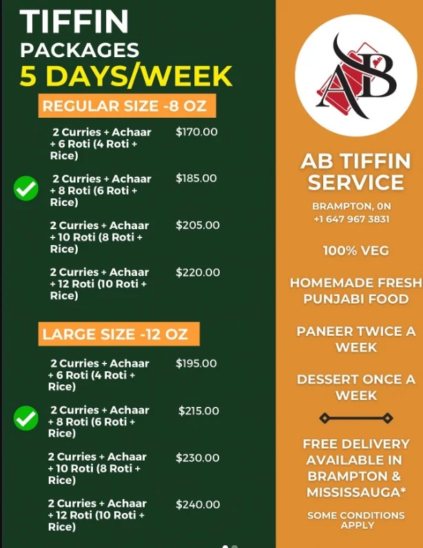 Menu, AB Foods and Catering - Tiffin Service Brampton | Event Catering