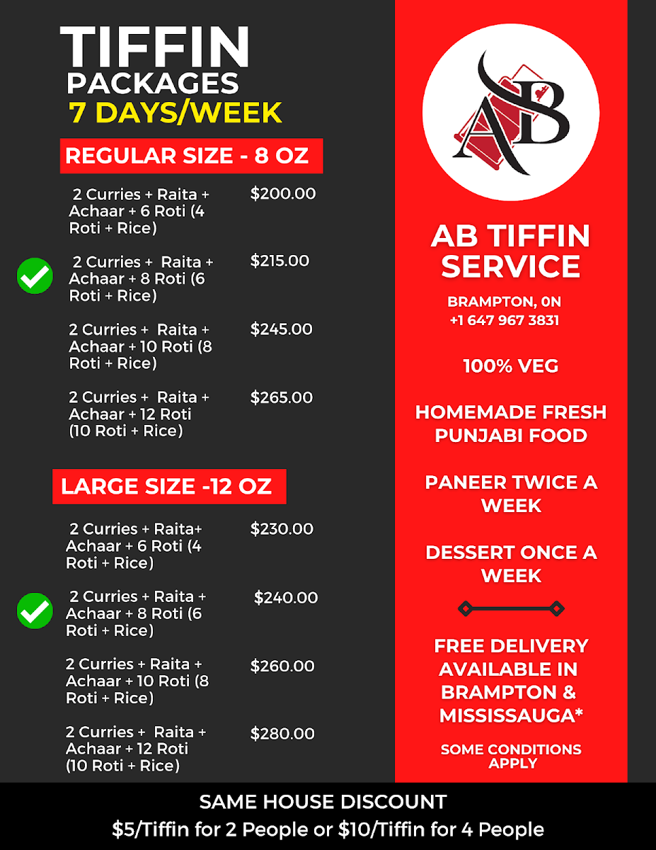 Menu, AB Foods and Catering - Tiffin Service Brampton | Event Catering