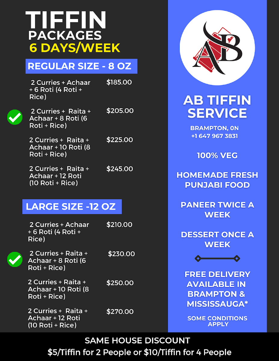 Menu, AB Foods and Catering - Tiffin Service Brampton | Event Catering