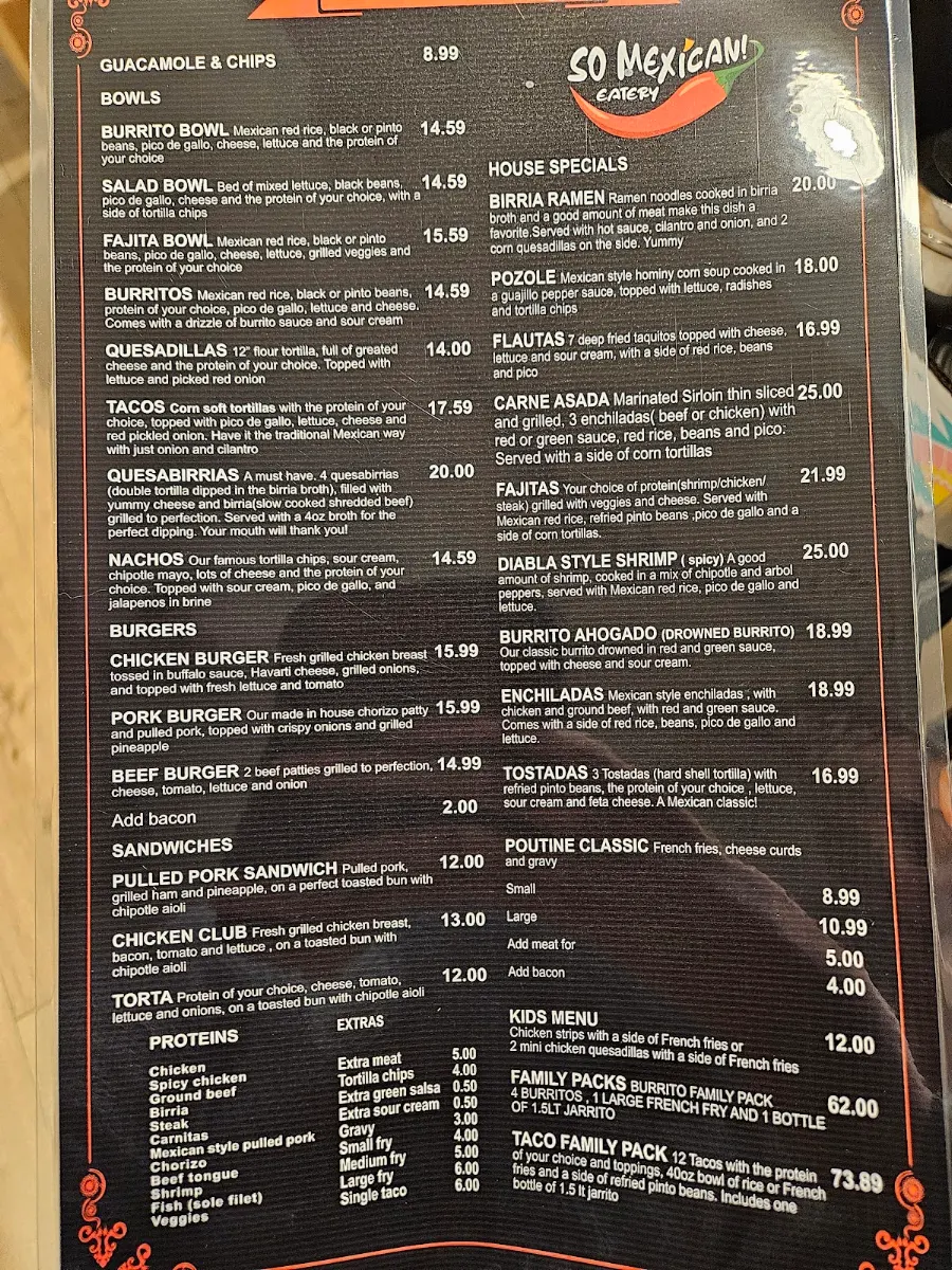 Menu, So Mexican Eatery