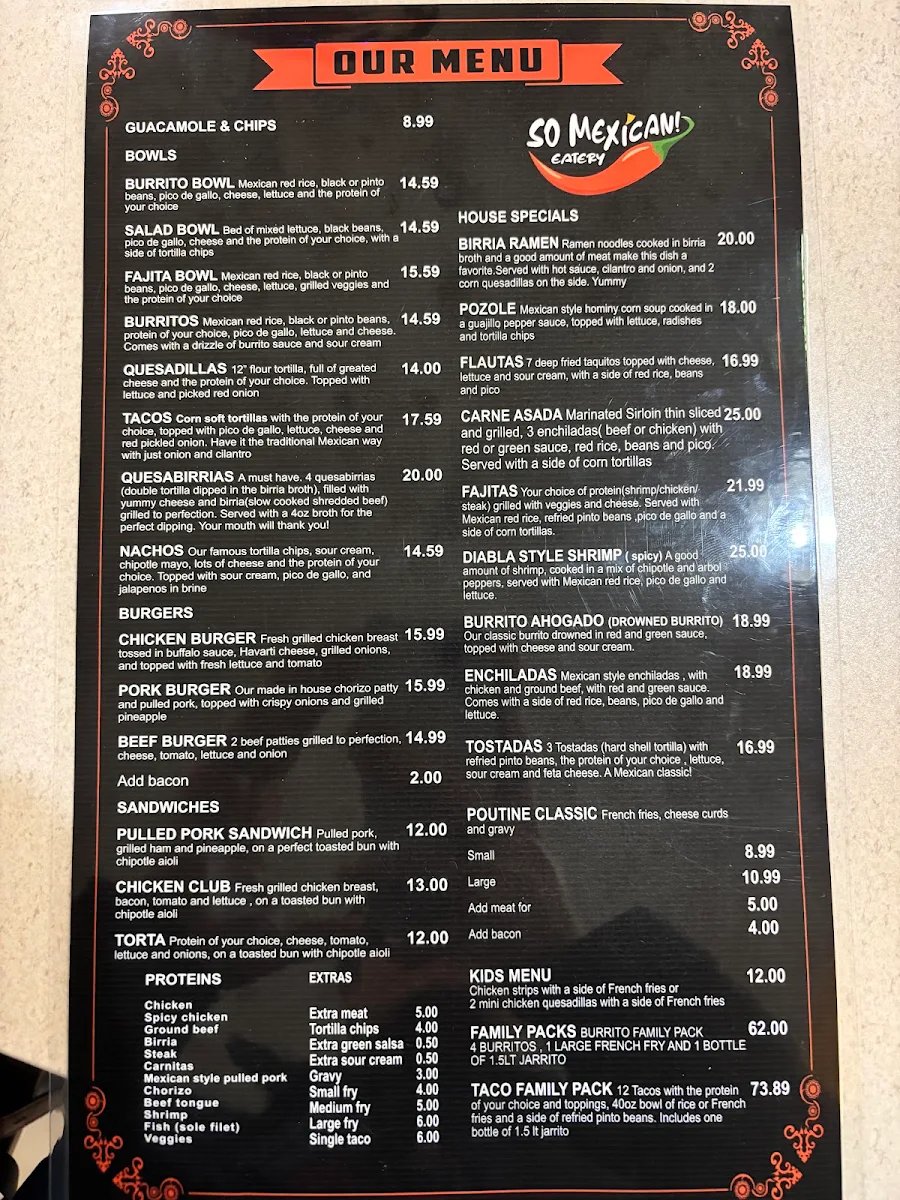 Menu, So Mexican Eatery