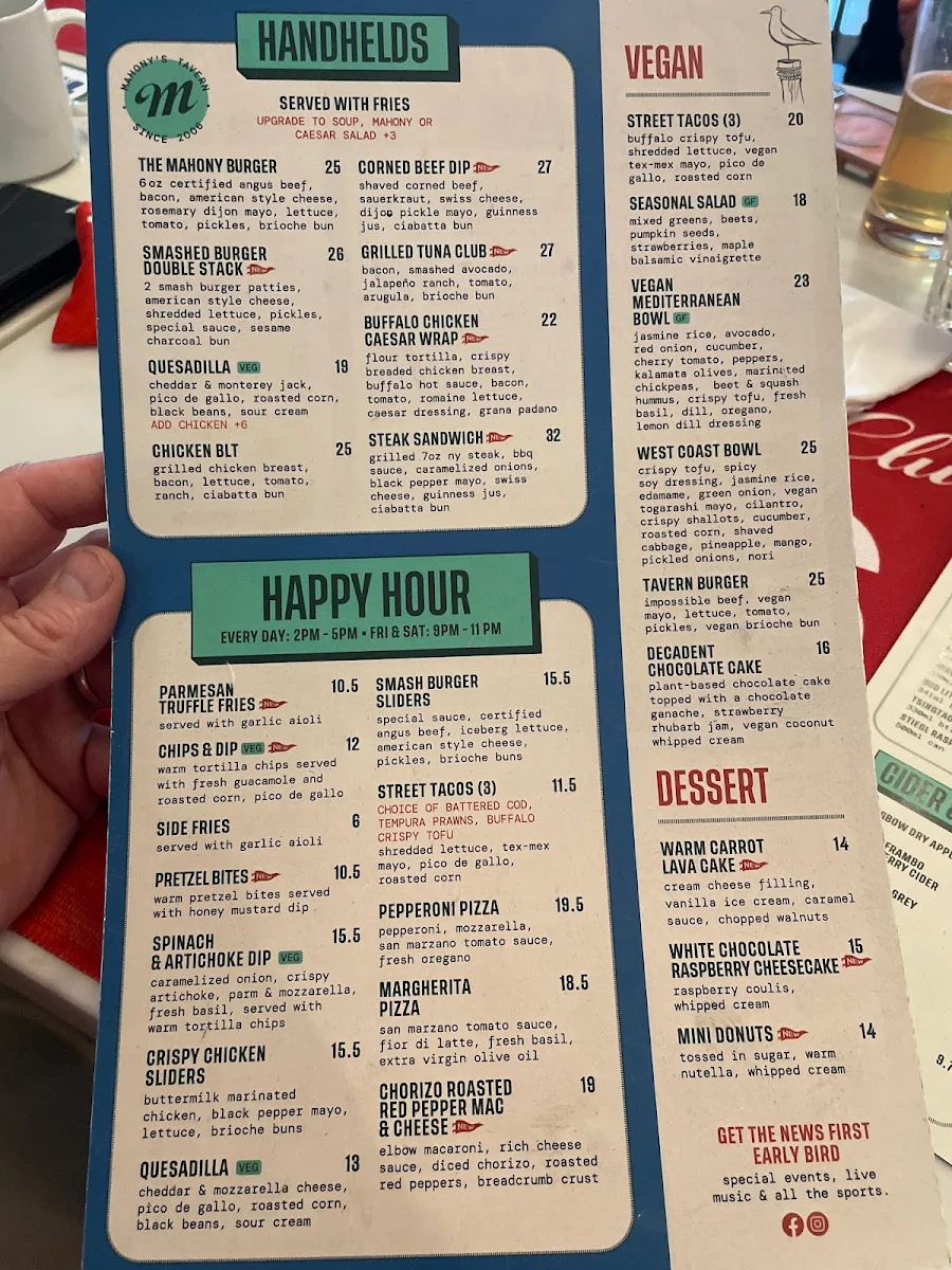 Menu, Mahony's Tavern Convention Centre