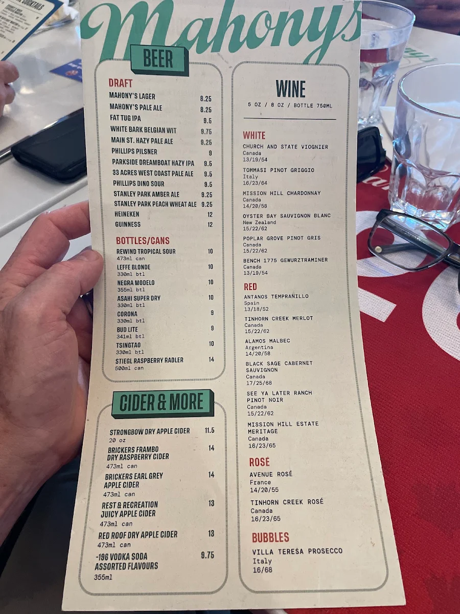 Menu, Mahony's Tavern Convention Centre