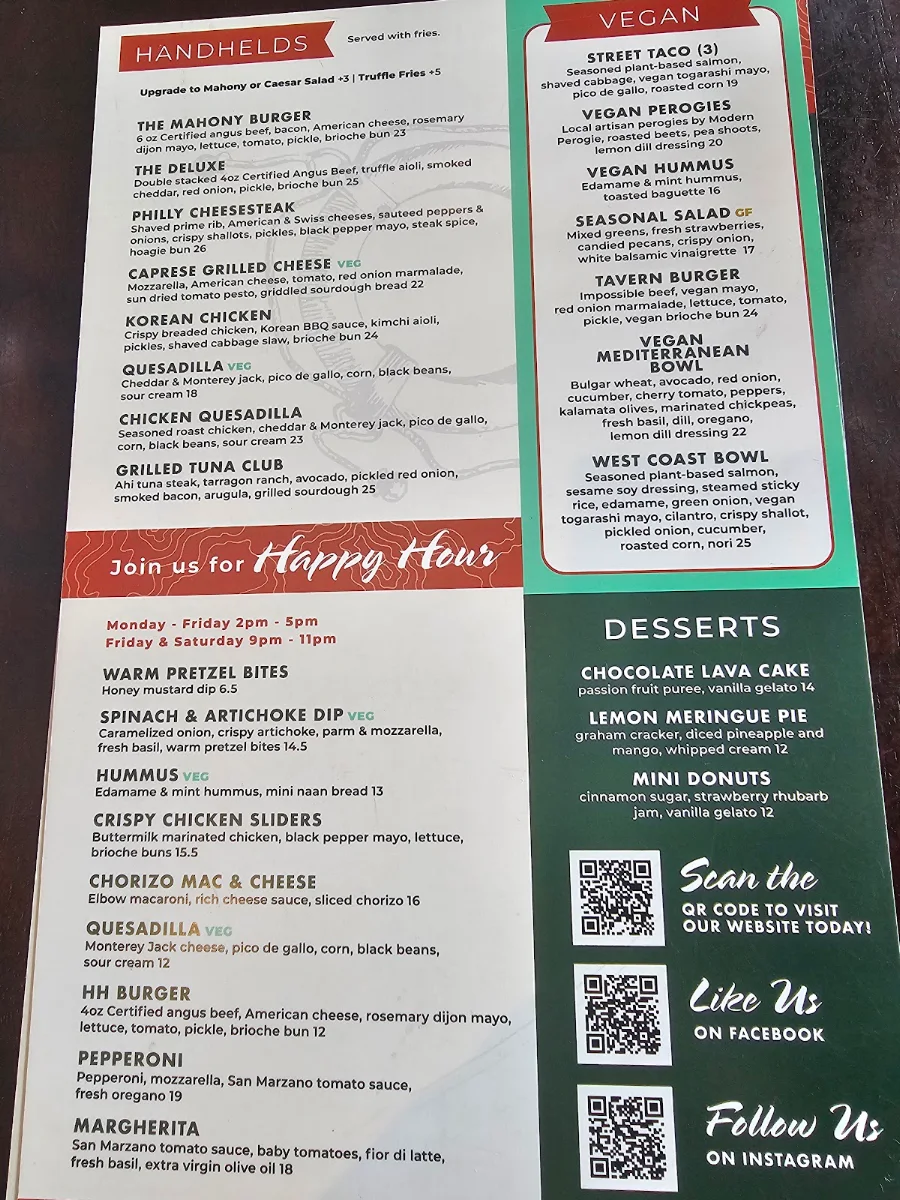 Menu, Mahony's Tavern Convention Centre