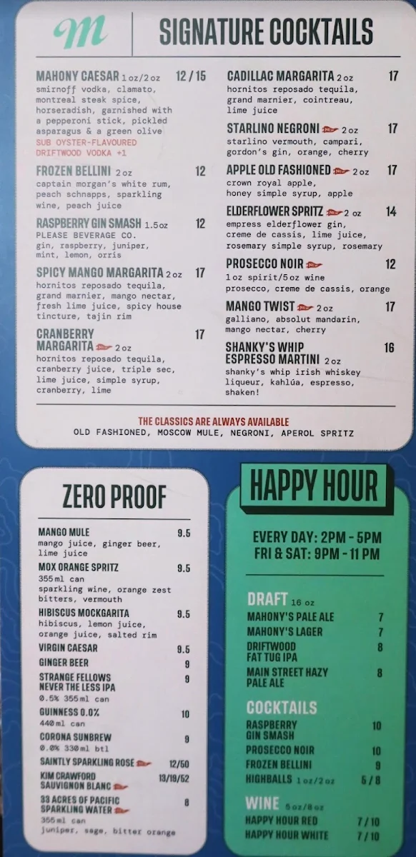 Menu, Mahony's Tavern Convention Centre