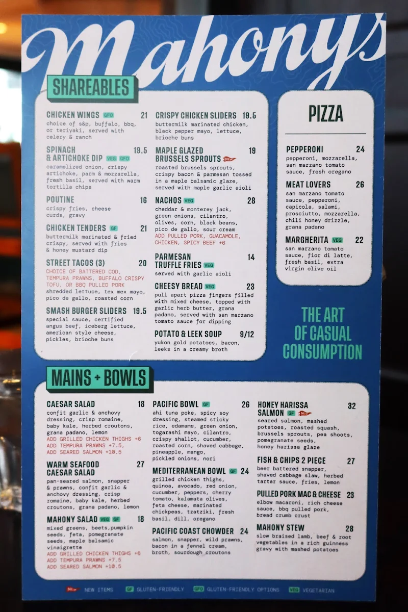 Menu, Mahony's Tavern Convention Centre