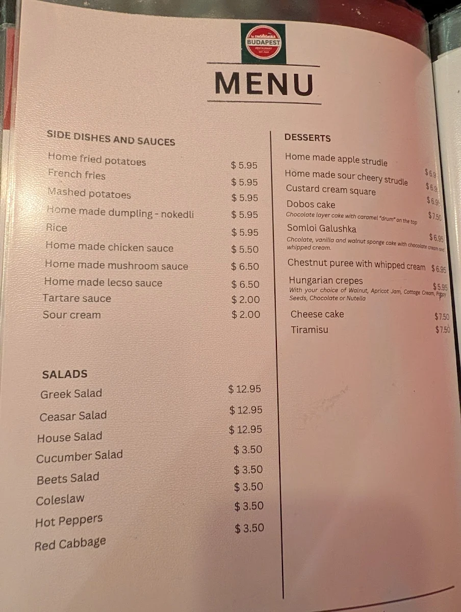 Menu, Budapest Hungarian Restaurant