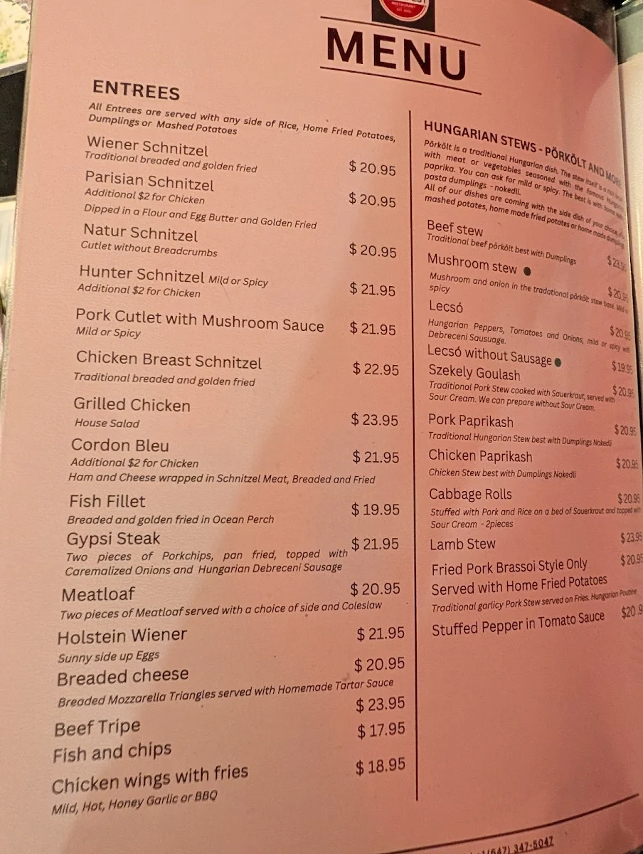 Menu, Budapest Hungarian Restaurant