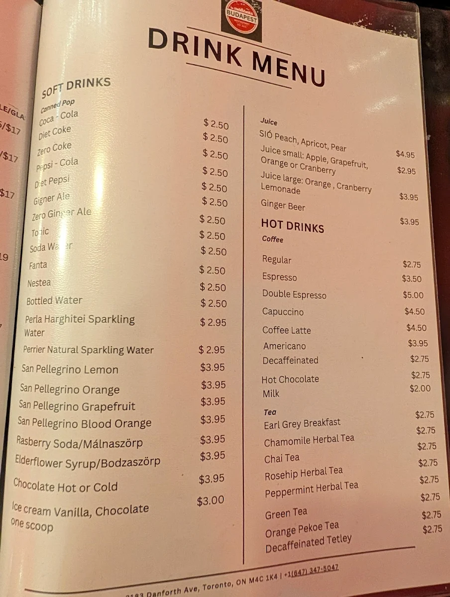 Menu, Budapest Hungarian Restaurant