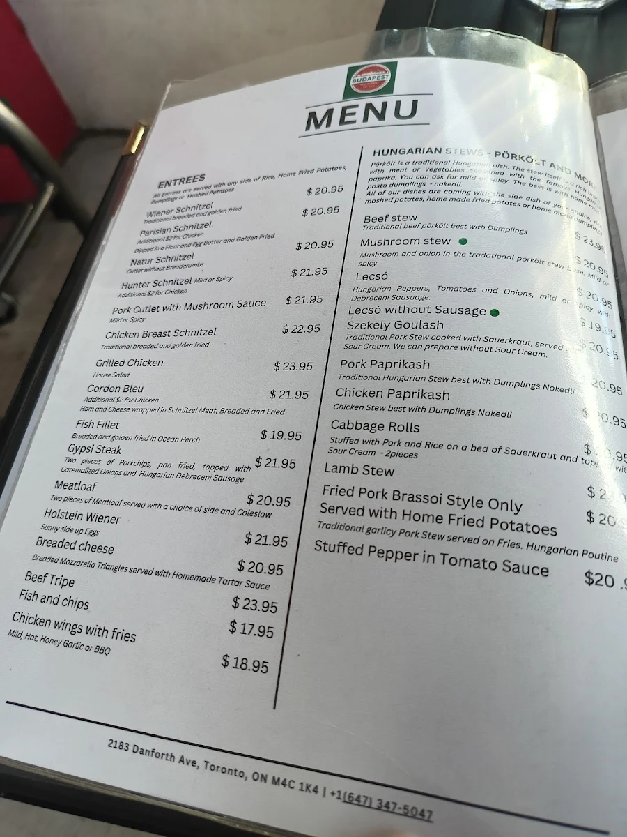 Menu, Budapest Hungarian Restaurant