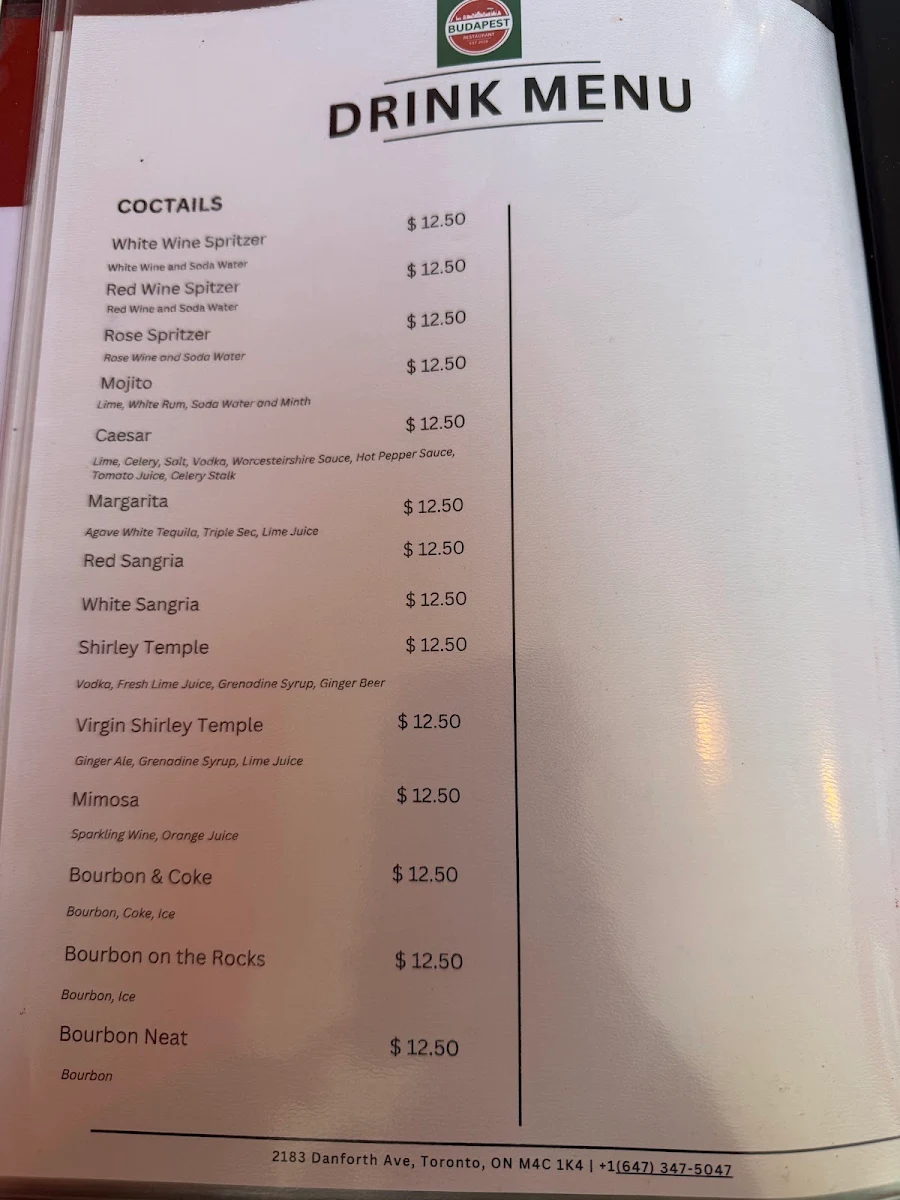 Menu, Budapest Hungarian Restaurant